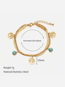 1入組時尚不銹鋼綠松石色和樹形墜飾分層手鏈適合女士適用於禮品 - 金黃色 - 查看 3