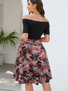 Graphic Print Off Shoulder Dress - Black - View 2