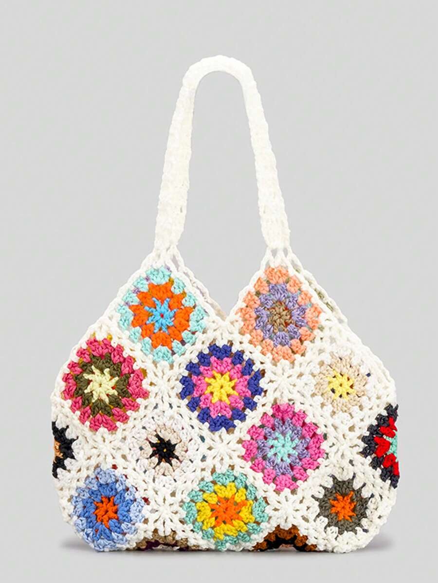 Nuevo bolso de hombro tejido a cuadros de ganchillo hecho a mano de primavera/verano para mujer (patrón de Color aleatorio)