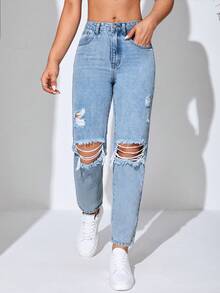 SHEIN EZwear Quần jean nữ Nút Túi Bị tách Dây kéo màu trơn - Rửa nhẹ - Xem 3