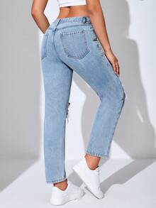 SHEIN EZwear Quần jean nữ Nút Túi Bị tách Dây kéo màu trơn - Rửa nhẹ - Xem 2