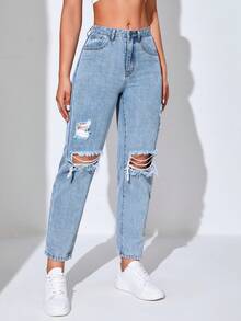SHEIN EZwear Quần jean nữ Nút Túi Bị tách Dây kéo màu trơn - Rửa nhẹ - Xem 4