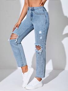 SHEIN EZwear Quần jean nữ Nút Túi Bị tách Dây kéo màu trơn - Rửa nhẹ - Xem 5