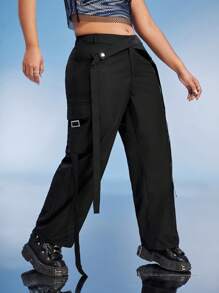 SHEIN ICON Plus Gorpcore Flap Pocket Side Cargo Pants - Black - View 1
