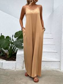 SHEIN LUNE Solid Hidden Pocket Wide Leg Cami Jumpsuit - Khaki - View 1