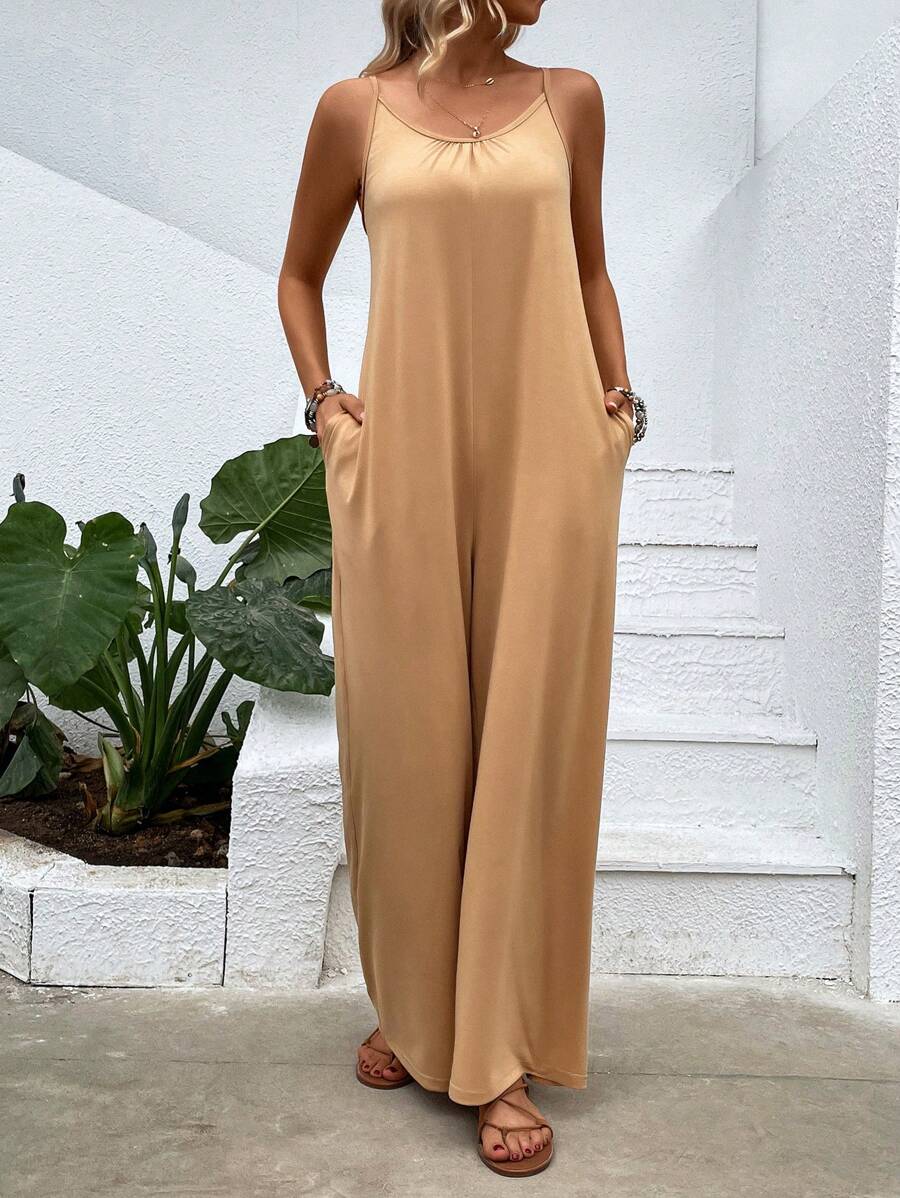 SHEIN LUNE Solid Hidden Pocket Wide Leg Cami Jumpsuit - Khaki - View 1