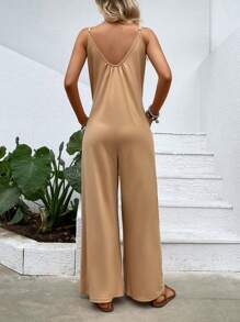 SHEIN LUNE Solid Hidden Pocket Wide Leg Cami Jumpsuit - Khaki - View 2