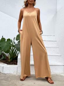 SHEIN LUNE Solid Hidden Pocket Wide Leg Cami Jumpsuit - Khaki - View 3