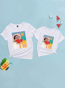 SHEIN Cô gái Tween Kỳ nghỉ Theo chủ đề In Ngắn tay Áo thun Cho mùa xuân Và Mùa hè - trắng - Xem 3