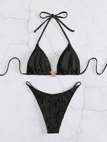 Rhinestone Studded Halter Triangle Bikini Set For Summer Beach - Black - View 3