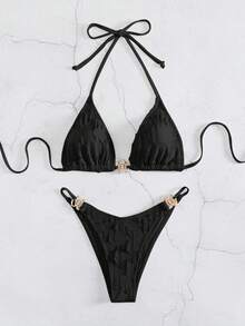 Rhinestone Studded Halter Triangle Bikini Set For Summer Beach - Black - View 6
