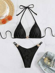 Rhinestone Studded Halter Triangle Bikini Set For Summer Beach - Black - View 7