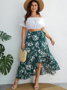 SHEIN VCAY Váy Plus Size Thắt nút Viên lá sen Trọn gói Hoa Tất cả trên in Boho - màu xanh lá - Xem 3