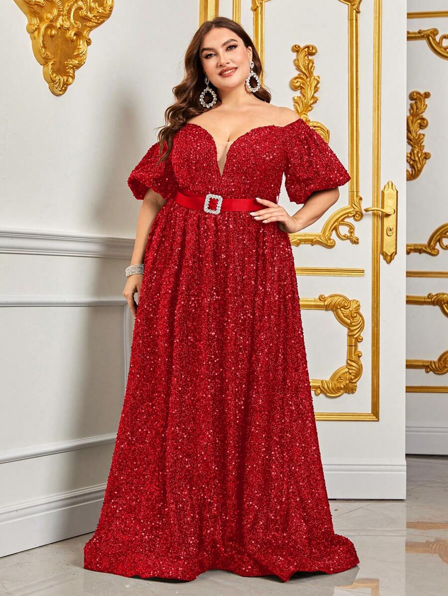 Đầm Plus Size Tương phản Mesh Pha lê kim cương Ruy băng màu trơn Buổi tiệc - Đỏ - Xem 1