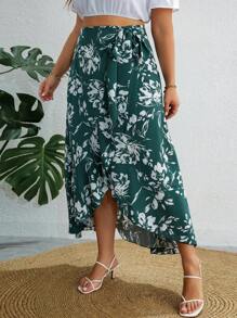 SHEIN VCAY Váy Plus Size Thắt nút Viên lá sen Trọn gói Hoa Tất cả trên in Boho - màu xanh lá - Xem 4