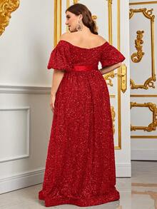 Đầm Plus Size Tương phản Mesh Pha lê kim cương Ruy băng màu trơn Buổi tiệc - Đỏ - Xem 2