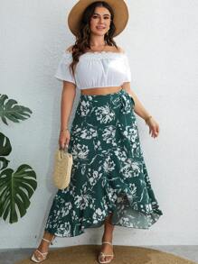 SHEIN VCAY Váy Plus Size Thắt nút Viên lá sen Trọn gói Hoa Tất cả trên in Boho - màu xanh lá - Xem 6