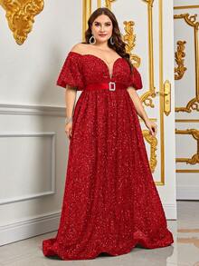 Đầm Plus Size Tương phản Mesh Pha lê kim cương Ruy băng màu trơn Buổi tiệc - Đỏ - Xem 5