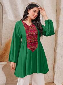 Al Najma 幾何印花燈籠袖荷葉邊下擺襯衫 - 綠色 - 查看 1