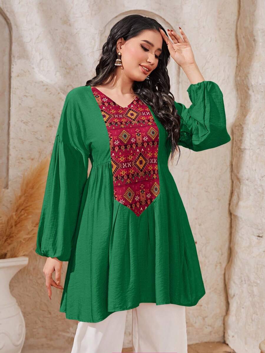 Al Najma 幾何印花燈籠袖荷葉邊下擺襯衫 - 綠色 - 查看 1