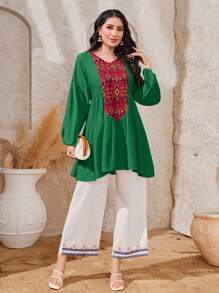 Al Najma 幾何印花燈籠袖荷葉邊下擺襯衫 - 綠色 - 查看 5