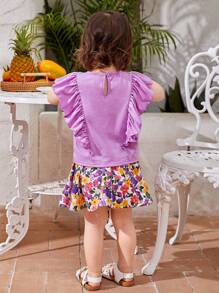SHEIN Baby 1pc Ruffle Trim Tee & 1pc Floral Print Belted Skirt"Mommy&Me"(3 sets are sold separately) - Multicolor - View 3