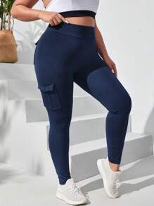 SHEIN Sport Studio Plus Solid Flap Pocket Side Wideband Waist Sports Leggings