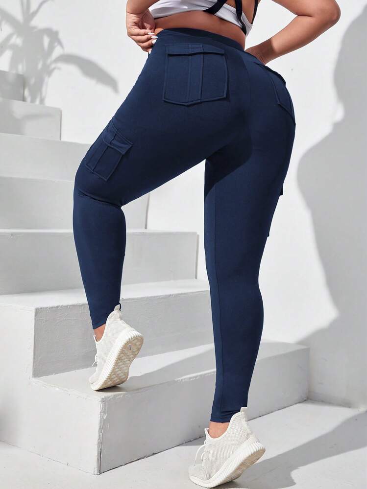 Easithlete Quần legging thể thao cạp rộng có túi bên hông cỡ lớn dành cho nữ tập yoga - Màu xanh hải quân - Xem 2