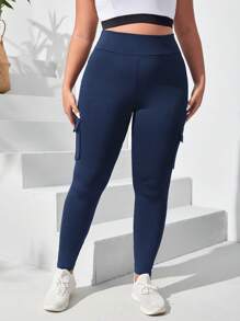 SHEIN Sport Studio Plus Solid Flap Pocket Side Wideband Waist Sports Leggings