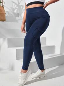 SHEIN Sport Studio Plus Solid Flap Pocket Side Wideband Waist Sports Leggings