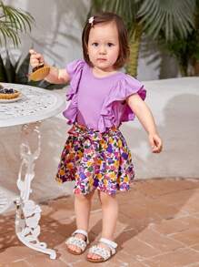 SHEIN Baby 1pc Ruffle Trim Tee & 1pc Floral Print Belted Skirt"Mommy&Me"(3 sets are sold separately) - Multicolor - View 7