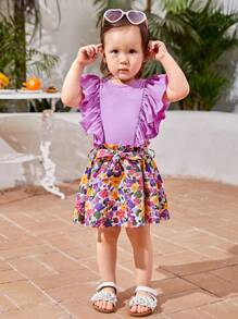 SHEIN Baby 1pc Ruffle Trim Tee & 1pc Floral Print Belted Skirt"Mommy&Me"(3 sets are sold separately) - Multicolor - View 8