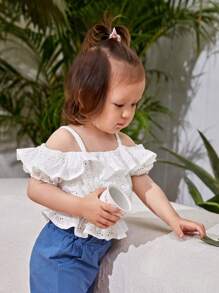 SHEIN Baby Cold Shoulder Ruffle Trim Schiffy Top & Tube Top - White - View 4