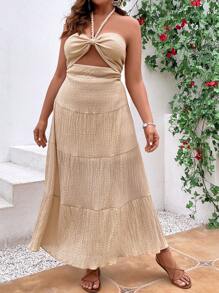 SHEIN VCAY 大碼鏤空後背繫帶荷葉邊繞頸連衣裙 - 杏色 - 查看 1