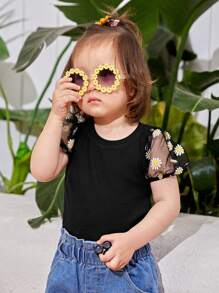 SHEIN Baby Girl Floral Embroidery Mesh Puff Sleeve Tee - Black - View 1