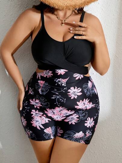 加大码热带印花镂空连体泳衣，适合夏季海滩度假