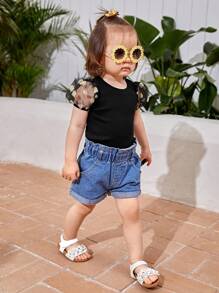 SHEIN Baby Girl Floral Embroidery Mesh Puff Sleeve Tee - Black - View 6