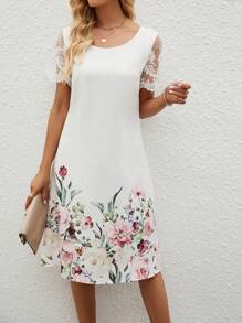SHEIN Clasi Vestido túnico con estampado floral de manga con malla en contraste - Blanco - Ver 1