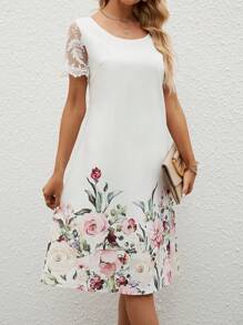 SHEIN Clasi Vestido túnico con estampado floral de manga con malla en contraste - Blanco - Ver 3