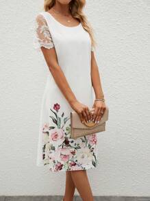 SHEIN Clasi Vestido túnico con estampado floral de manga con malla en contraste - Blanco - Ver 6