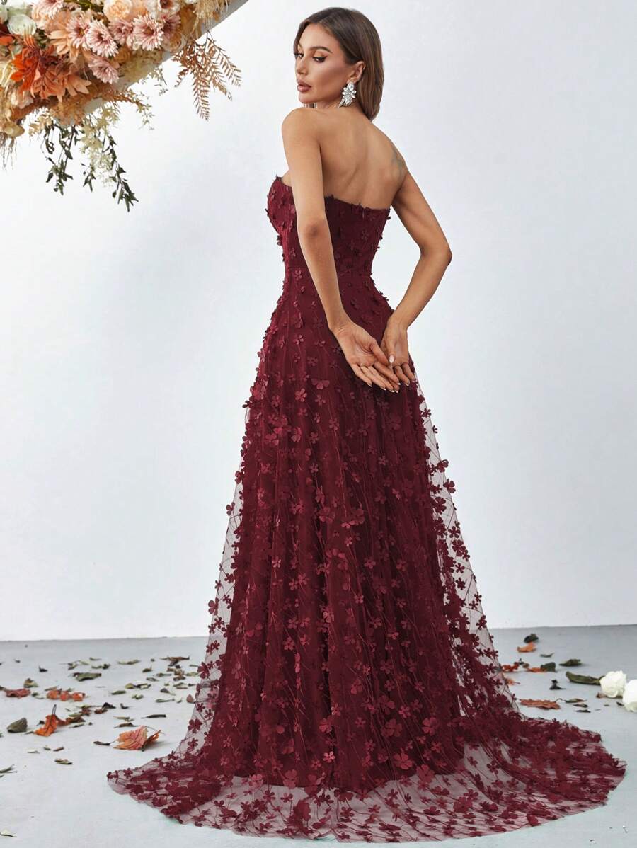Elegant Strapless Heart-Shaped Neckline Evening Gown With High Slit And Floral A-Line Dress - Long Formal Maxi Dress Fall Wedding Party Vacation