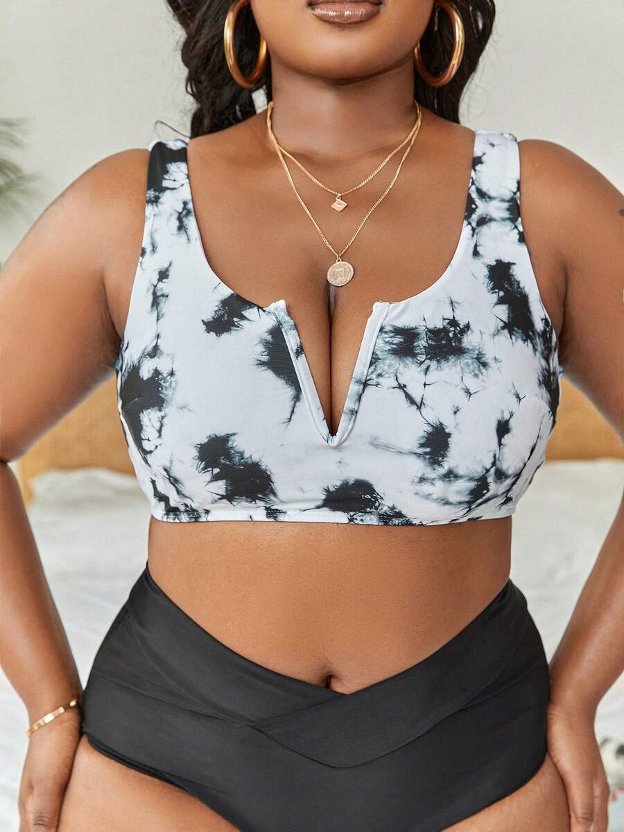 SHEIN Swim Curve Plus Tie Dye Notched Neckline Bikini Top - White - View 1