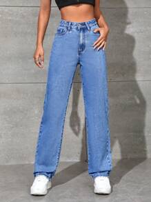 SHEIN PETITE High Waist Straight Leg Jeans - Medium Wash - View 1