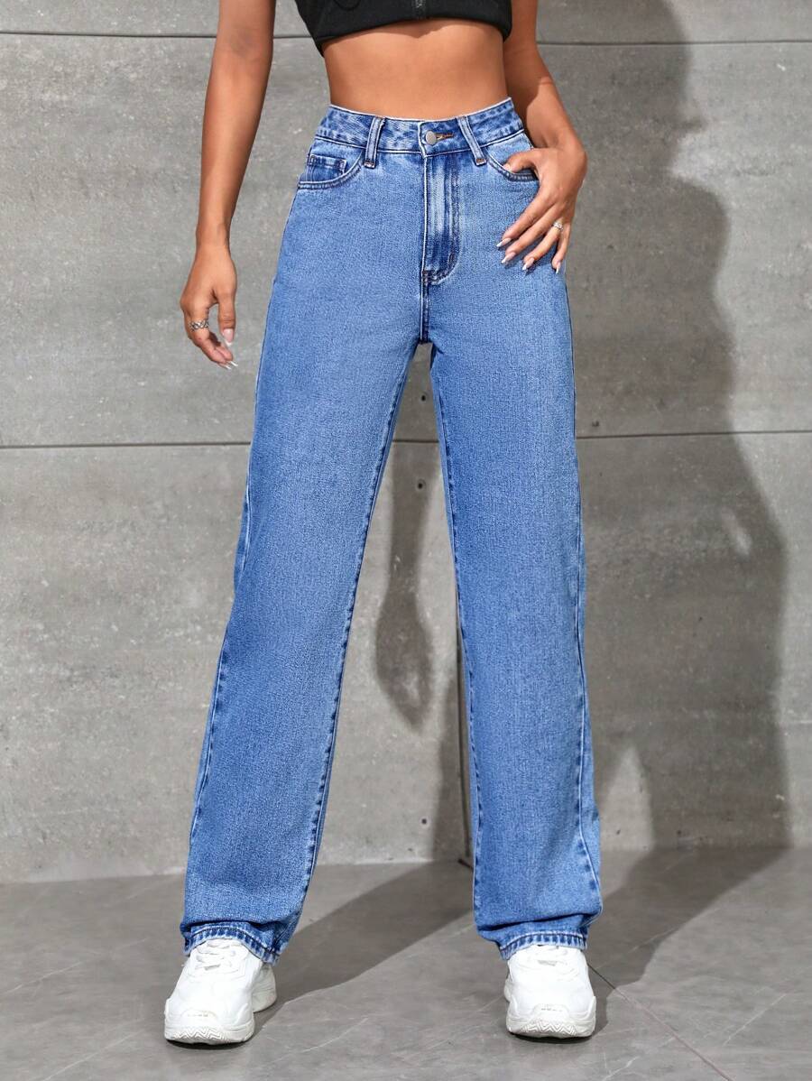 SHEIN PETITE High Waist Straight Leg Jeans - Medium Wash - View 1
