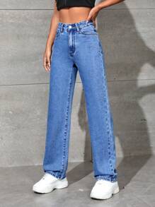 SHEIN PETITE High Waist Straight Leg Jeans - Medium Wash - View 3