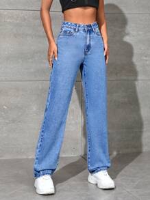 SHEIN PETITE High Waist Straight Leg Jeans - Medium Wash - View 4