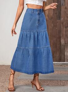 SHEIN Frenchy High Waist Ruffle Hem Denim Skirt Winter - Blue - View 2