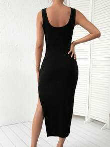 SHEIN Privé 素色高衩背心洋裝 - 黑色 - 查看 3