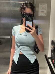 DAZY Button Front Asymmetrical Neck Tee - Mint Green - View 6