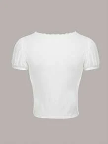 Sweetness Bow Front Frill Trim Puff Sleeve Tee - White - View 2